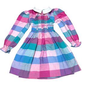 Vintage Girls Long Sleeve Plaid Dress With White Collar & Belted Waist 4